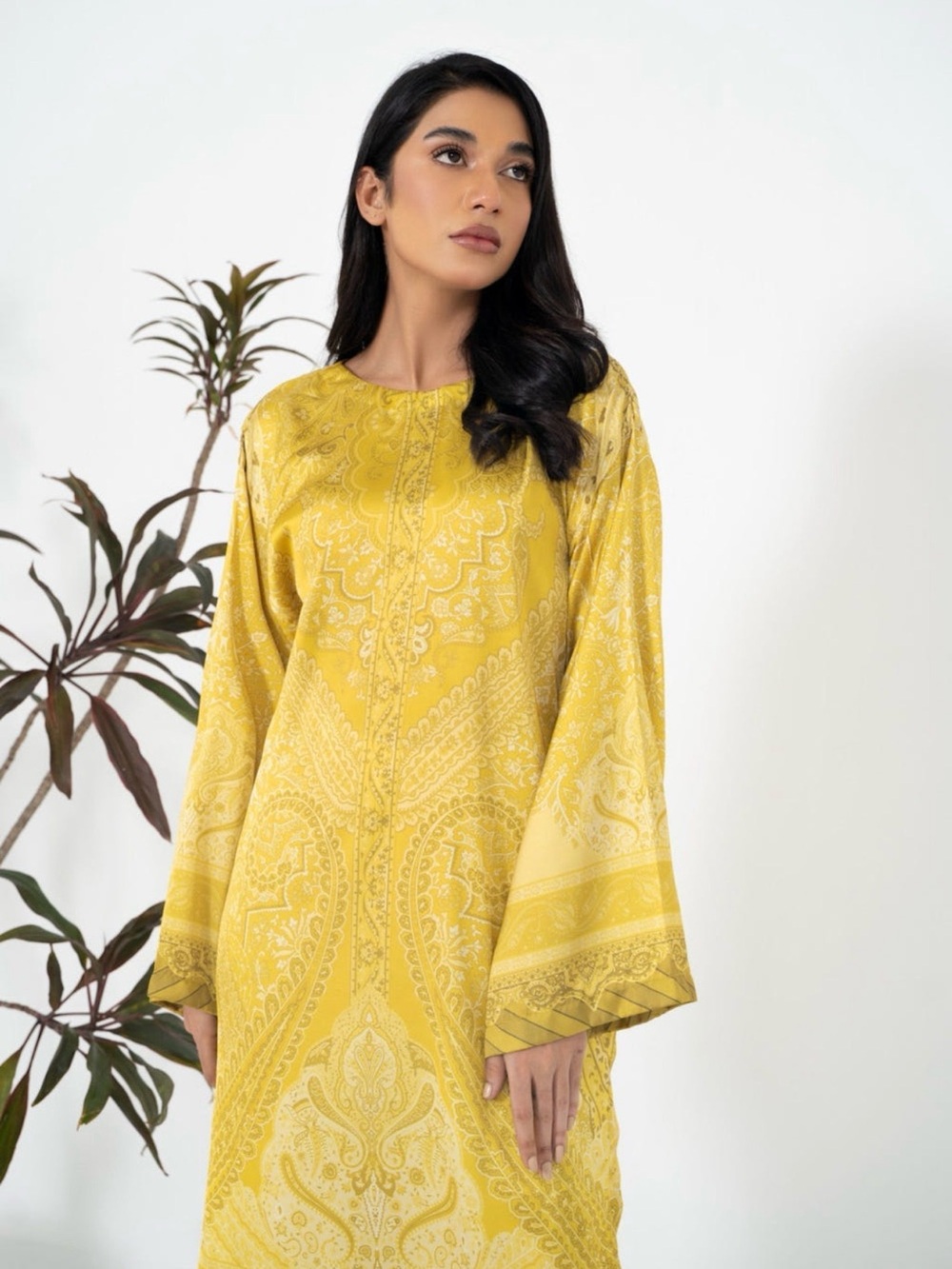 Yellow Paisley-Print Long Sleeve Women's Silk Kurta